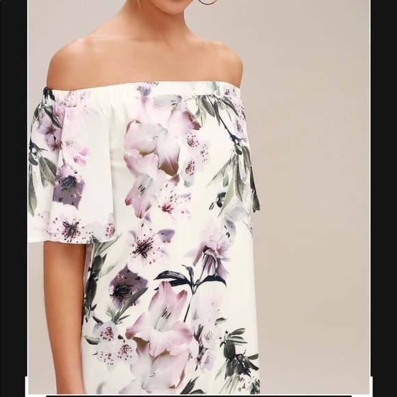 Ivory Floral Print Off-the-Shoulder Shift Dress - Picture 4 of 4